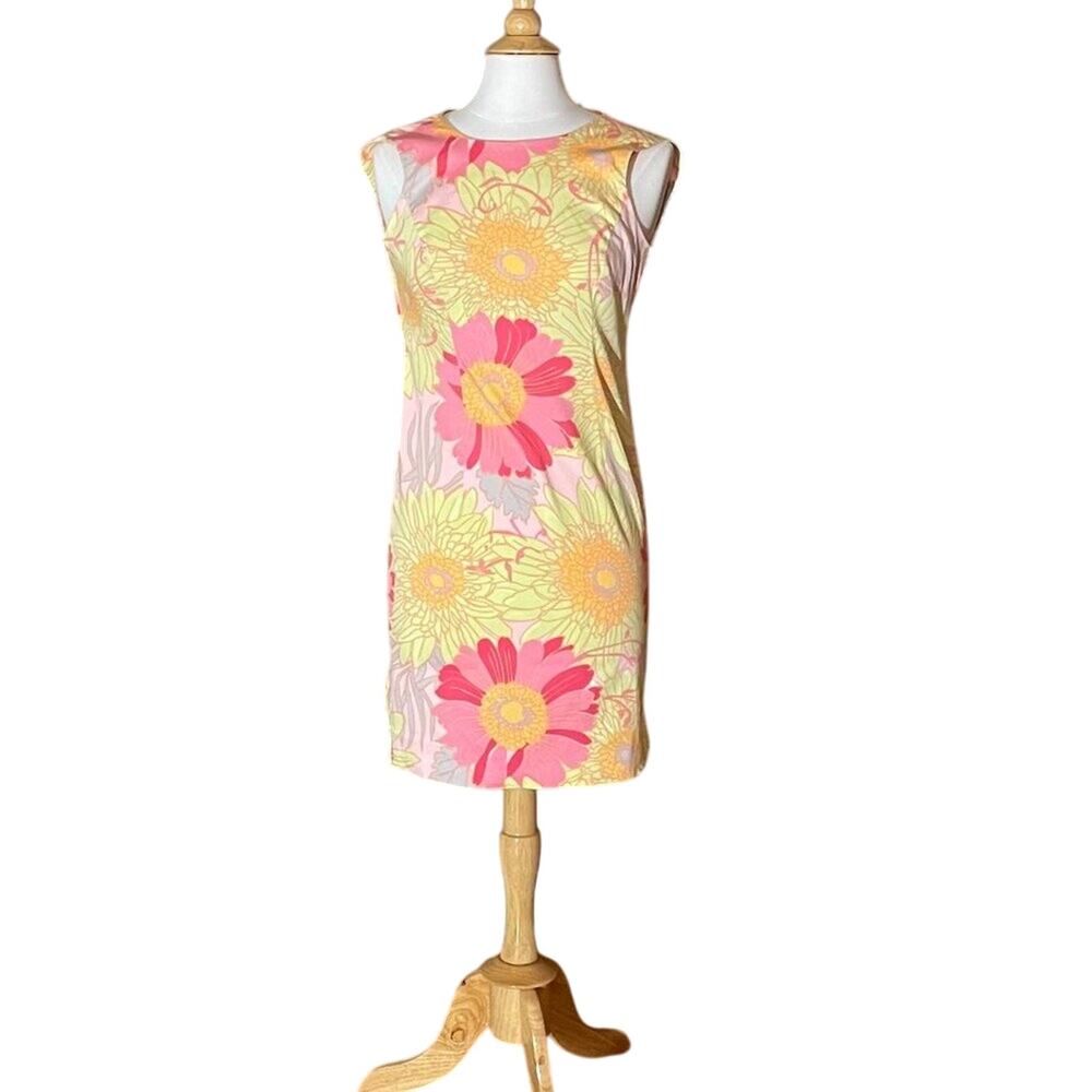 Talbots Cotton Yellow Pink Gray Floral Tropical Sleeveless Sheath Dress, Size 2P